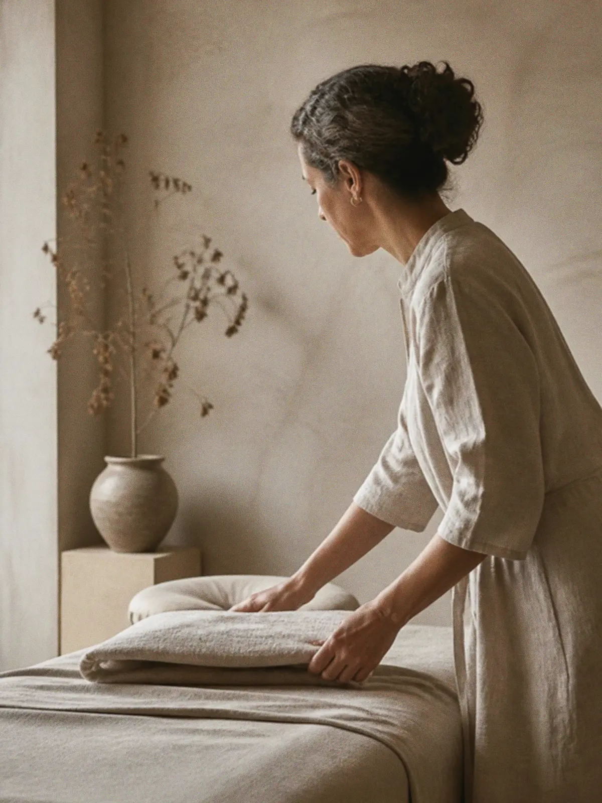 Esteticista preparando su cabina antes de una sesión